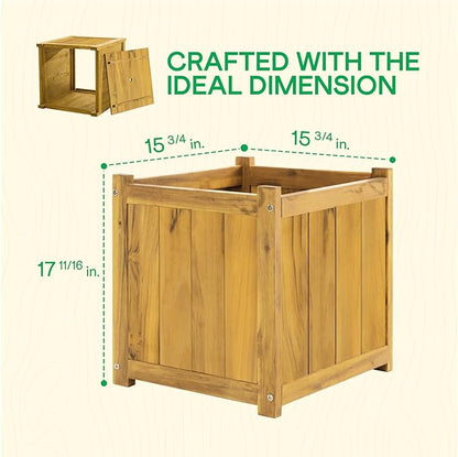 IDZO Set of 2 Acacia Wood Flower Planters for Outdoor Plants, Ergonomic Handles, Drainage Holes, Various Sizes, Ideal for Home Décor, Golden Teak