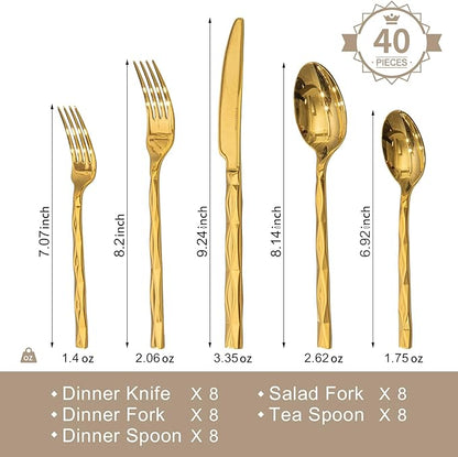 KINGSTONE Gold Silverware Set, Luxury 40 Piece Flatware Set for 8, 18/10 Stainless Steel Cutlery Set with Diamond Cut Pattern for Kitchen, Home, Wedding, Party, Mirror Polished and Dishwasher Safe