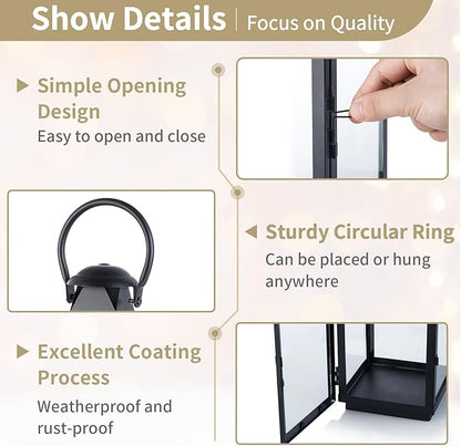 NUPTIO Black Decorative Candle Lantern: Metal Pillar Candle Holders for Table Centerpiece - 10.2in Tall Hanging Lanterns for Outdoor Wedding Party Home Living Room Fireplace Decor