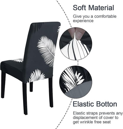 JQinHome Pattern Chair Covers for Dining Room Set of 4, High Stretch Removable Washable Parsons Chair Slipcover for Home Party Hotel Wedding Ceremony (Plume Black,4PCS)