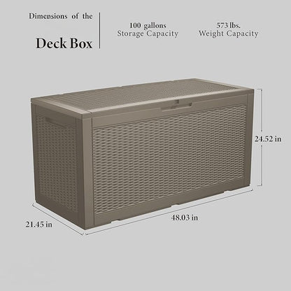 100 Gallon Double-Wall Resin Deck Box - Lockable Waterproof Outdoor Storage Box, 1000lbs Capacity & Doubles as Seating for Patio Furniture - Garden Tools, Pool Accessories (Brown)