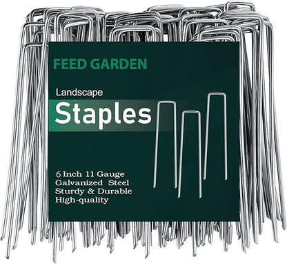 FEED GARDEN 6 Inch 300 Pack Galvanized Landscape Staples 11 Gauge Anti-Rust Garden Stakes Landscaping Fabric SOD Pins Yard Stakes for Weed Barrier Fabric