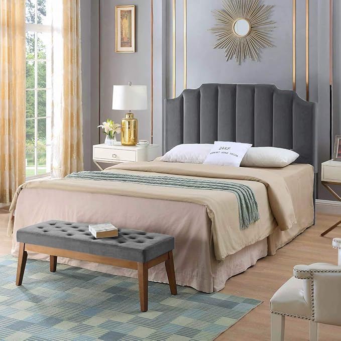24KF Dark Gray Velvet Tufted Queen Upholstered Headboard, Modern Vertical Channel Design California Queen/Full Headboard with Stepped Silhouette Top Edge,Dark Gray
