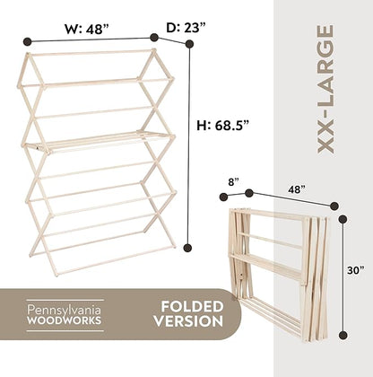 Pennsylvania Woodworks Clothes Drying Rack: Solid Maple Hard Wood Laundry Rack for Blankets, Towels, Bedding & More, Heavy Duty Folding Drying Rack, Made in USA, No Assembly Needed, XXLarge