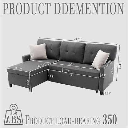 Pull Out Couch, Oversized Sleeper Sofa Couch, Sectional Sleeper Sofa Bed for Living Room Bedroom Lounge (Grey, 73 Inch)