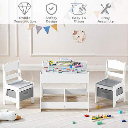 Kids Table and Chair Set, 3 in 1 Wooden Activity Table with Detachable Tabletop, Toddler Table and Chair Set with Storage Drawer, Kids Play Table for Children Art, Craft, Eating, Learning