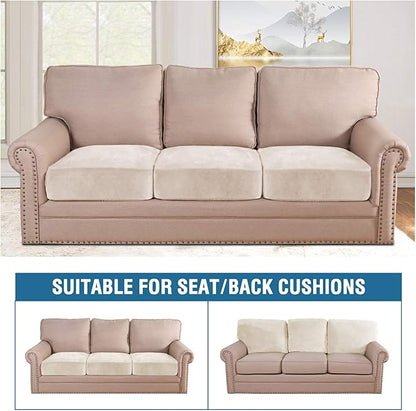 H.VERSAILTEX Velvet Stretch Couch Cushion Cover Plush Cushion Slipcover for Chair Loveseat Sofa Cushion Furniture Protector Seat Cushion Sofa Cover (3 Piece XL Sofa Cushion Covers, Ivory)