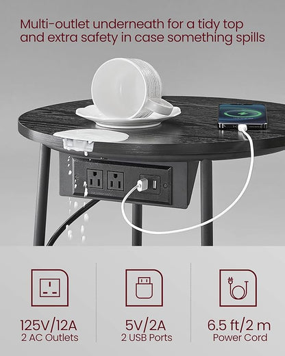 VASAGLE Side Table with Charging Station, Round End Table with Fabric Basket, Nightstand with Power Outlets, USB Ports, for Living Room, Bedroom, Modern, Ebony Black and Slate Gray ULET228B01