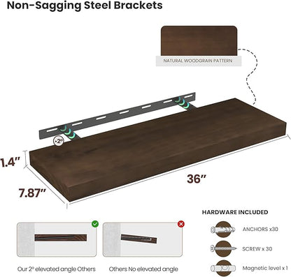 Wood Floating Shelves for Wall 36” x 8”x 1.4” Shelf Floating Rustic Farmhouse Decor, Heavy Duty Shelf Hold 80 lbs, Wall Shelves for Bathroom Living Room Kitchen Bedroom Office, 2 Packs Walnut