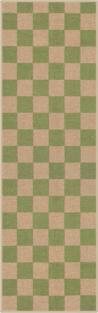 Lahome Checkered Entryway Runner Rug, 2x8 Green Washable Rug Runners for Hallway Non Slip, Farmhouse Indoor Outdoor Non Shedding Kitchen Mats for Floor Porch Balcony