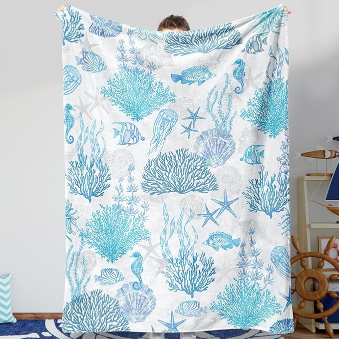 Blue Ocean Beach Throw Blanket Nautical Coastal Bed Blanket Starfish Seashell Coral Blankets Super Soft Flannel Fleece Throw Blanket for Couch Bed Decor “60 x80”