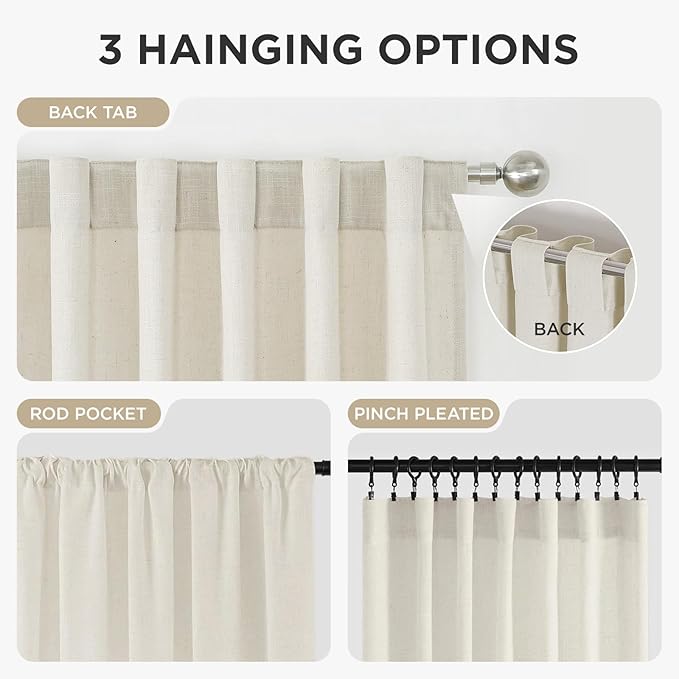 Joydeco Linen Curtains for Living Room,Light Filtering Rod Pocket Back Tab Semi Sheer Drapes Window Long Curtains 63 inches Long Ivory