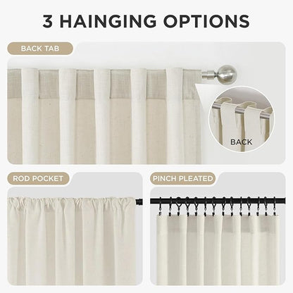 Joydeco Linen Curtains for Living Room,Light Filtering Rod Pocket Back Tab Semi Sheer Drapes Window Long Curtains 63 inches Long Ivory