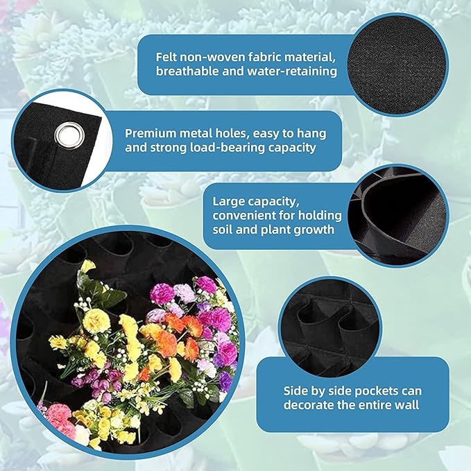 90 Pockets Hanging Planter Bags, Hanging Vertical Wall Mounted Plant Planting Grow Bags, Herb Garden Planter Outdoor Indoor Growing Bag, Gardening Vertical Greening Flower Container(1.1m×1.1m, Black)