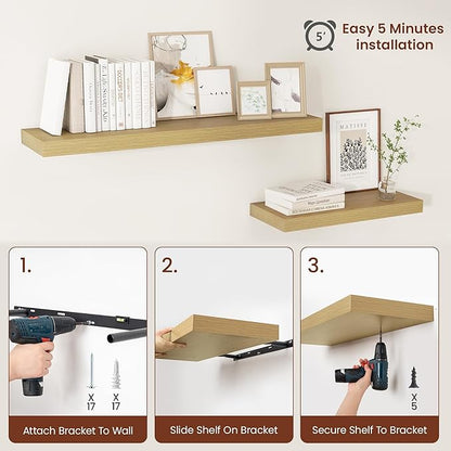 12 Inch Deep Floating Shelves 36 inch Long, 36 x 12 Wide Wall Shelves with Invisible Brackets, Heavy Duty Shelf for Bedroom Bathroom Living Room Kitchen Office Home Decor, Modern Shelf Set of 2, Oak