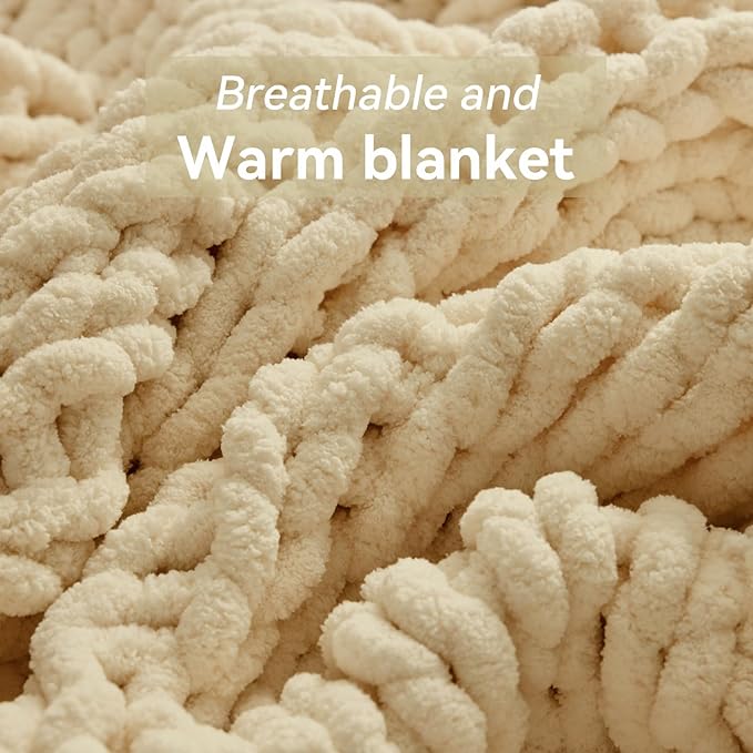Chunky Knit Throw Blanket, 60''*80'' Knitted Throw Chenille Yarn for Bed Couch, Handmade Oatmeal Crochet Big Thick Blanket, Machine Washable Cute Comfy Blanket for Home Decor