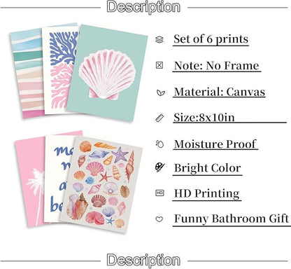 6 Pcs Coastal Beachy Wall Art Tropical Summer Shell Ocean Paintings Prints Posters Trendy Pink Preppy Palm Tree Canvas Wall Decor Aesthetic for Bedroom Living Room Dorm Apartment 8x10inch Unframed