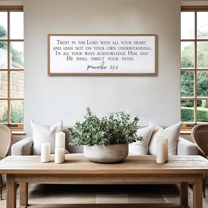 Trust in the Lord With All Thine Heart Wall Decor Art Bible Verse Sign Proverbs 3:5-6 Framed Wood 32X12 Inch For Scripture Christian Hanging (Wood)