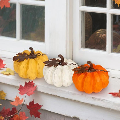Large Pumpkin Decor Fall Decor, 3PCS Resin Pumpkins Thanksgiving Decorations with Metal Maple Leaf,5.9Inch Artificial Pumpkins for Home, Farmhouse, Mantel, Centerpiece Table Decorations