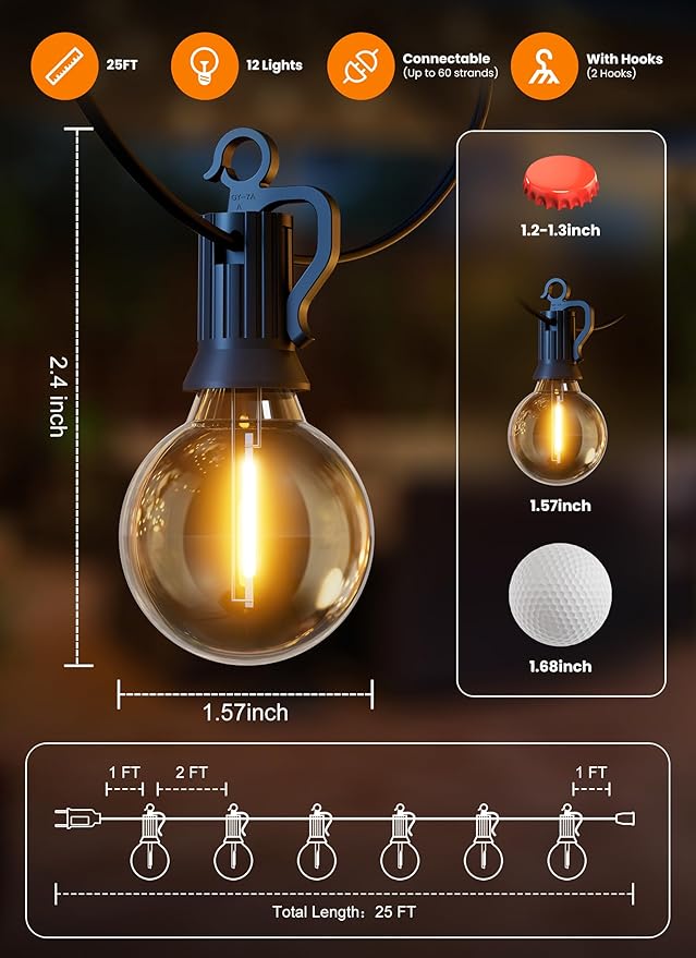 LED Outdoor String Lights, 25FT 12+1 Shatterproof Bulbs Outdoor Patio Lights, IP65 Waterproof Connectable Hanging Outside Light for Backyard, Porch, Deck, Balcony, 2200K