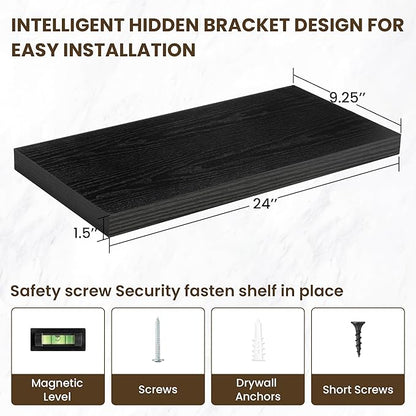 24 Inch Floating Shelves, 24"x9.25"x1.5" Inch Deep Floating Shelves for Wall, Wooden Shelves for Bathroom, Bedroom, Living Room, Black