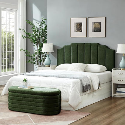24KF Dark Green Teddy Fabric Tufted for Queen Upholstered Headboard, Modern Vertical Channel Design Full Headboard with Stepped Silhouette Top Edge, 6026-Q-Teddy Dark Green