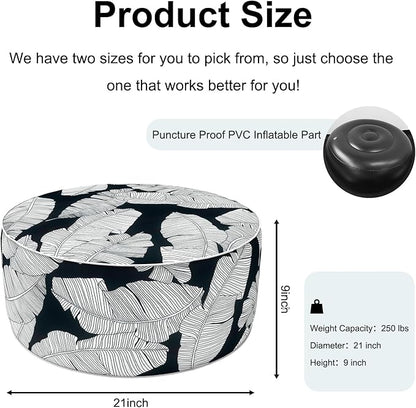 Inflatable Ottoman Stool D21 xH9 for Outdoor/Indoor Use, Water Repellent Patio Foot Rest Stool with Portable Handle,Round Pouf Ottoman Suitable for Garden,Deck and Camping - Black Leaves