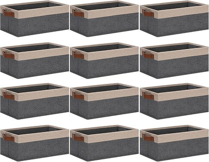 GhvyenntteS Small Fabric Storage Bins 12 Pack, 11.8" x 7.87" x 5.11" Storage Basket with Leather Handles, Closet Storage Bins for Shelves, Storage Baskets for Shelves, DVD Storage (Grey&Beige Yellow)