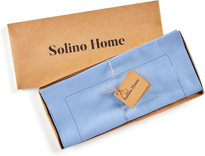 Solino Home Linen Cornflower Blue Table Runner 90 Inches Long - 100% Pure Linen Hemstitch 14 x 90 Inch Table Runner for Dining - Classic Hemstitch