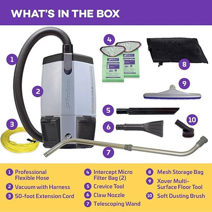 ProTeam Vacuum Backpack, ProVac FS 6 Commercial Backpack Vacuum Cleaner with HEPA Media Filtration and Small Business Kit, 6 Quart, Corded