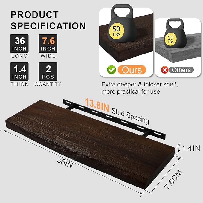 Wood Floating Shelves Set of 2, Aged Elm Wood Picture Wall Shelf, Floating Shelves for Wall for Bedroom Kitchen Bathroom Living Room (Walnut, 36 inch)
