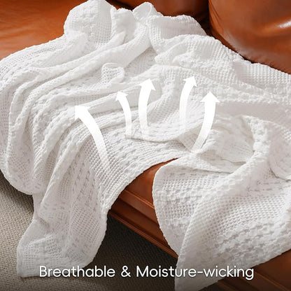 PHF 100% Cotton Waffle Weave Blanket Queen Size, Soft Lightweight Breathable Cozy Summer Blankets for Bed, Luxury Aesthetic Woven Bedding for Home Decor, 90"x90", White