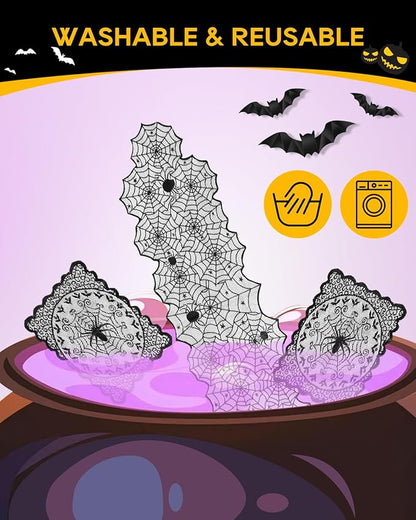 eZAKKA Halloween Table Runner with 4Pcs Placemat, Black Lace Spider Web Table Runners for Parties Gothic Spooky Home Decorations, 18 x 72 Inch