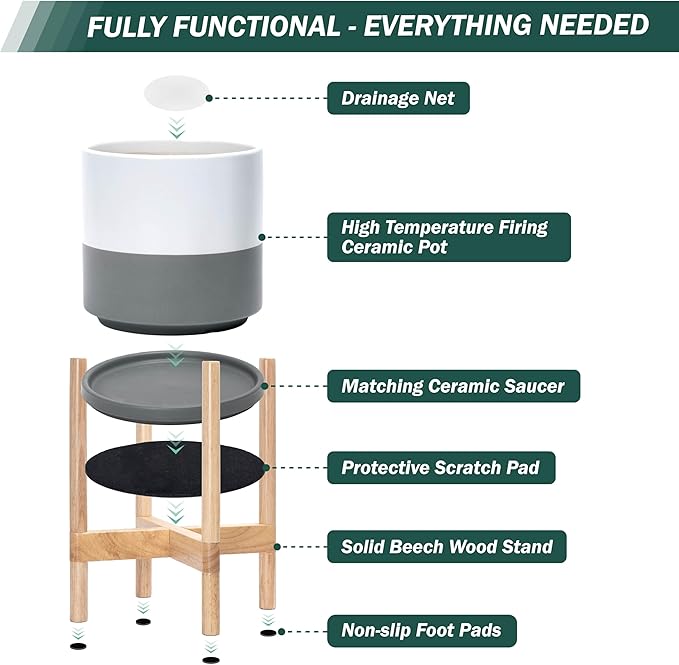 D'vine Dev Ceramic Planter with Natural Stand - 12 Inch Modern Round Flower Pot with Wood Planter Holder, White/Grey, 55-B-J-6