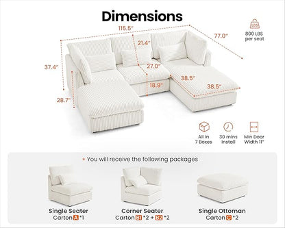 Oversized Modular Sofa, Extra Deep Cloud Corduroy Sectional Couch with Ottoman Chaise, Fluffy Corduroy 5 Seater Sofa Bed for Living Room, Villa (U Shape 5 Seater, Corduroy White)
