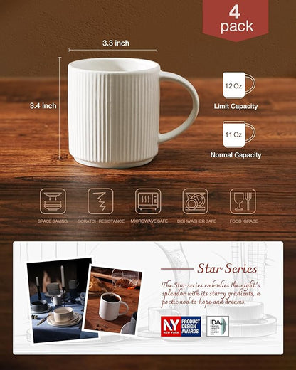 famiware Coffee Mug Set for 4, Star 12 oz Catering Mugs Cup Set with Handle for Coffee, Tea, Cocoa, Milk - Ceramic Stoneware Drinkware Set, Matte White + Matte Black