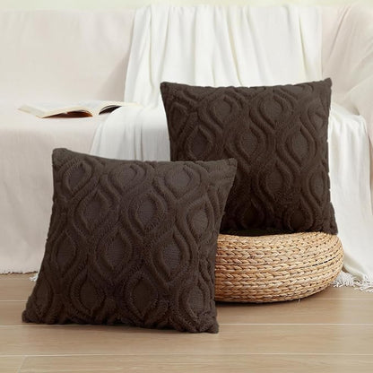 decorUhome Throw Pillow Covers 24x24 Inch Set of 2, Soft Plush Decorative Faux Fur Dark Brown Solid Couch Pillow Covers, Accent Farmhouse Neutral Square Euro Pillow Cases for Sofa Bed Living Room