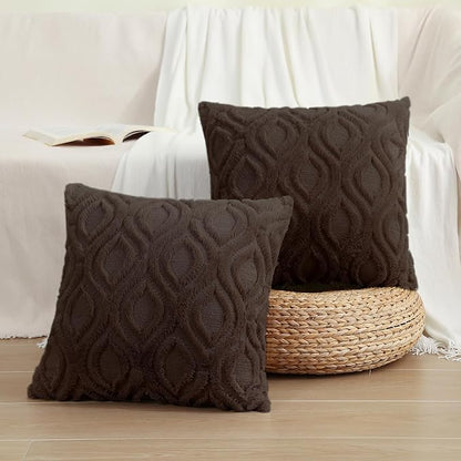 decorUhome Throw Pillow Covers 18x18 Inch Set of 2, Soft Plush Decorative Faux Fur Dark Brown Solid Couch Pillow Covers, Accent Farmhouse Neutral Square Euro Pillow Cases for Sofa Bed Living Room