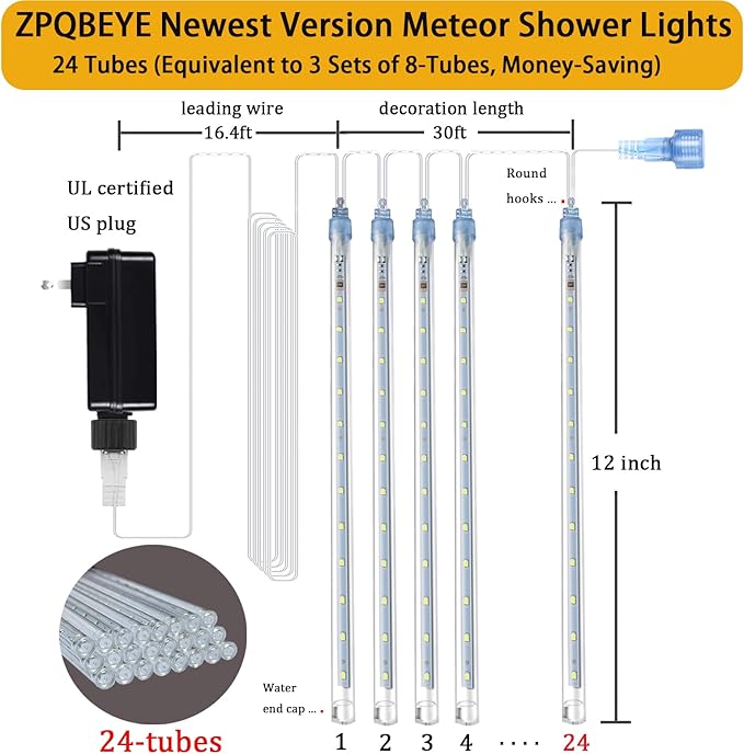 Outdoor Meteor Shower Christmas Lights 24-Tube 576LEDs Shooting Star Waterfall Meteor Shower Falling Rain Light for Christmas Tree Decorations Wedding Party Holiday Garden, UL Plug Warm White