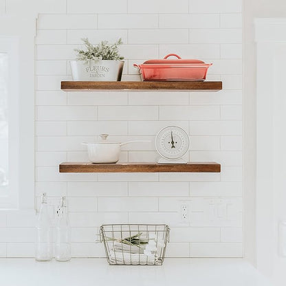 URBANDI, Rustic Floating Shelves, Set of 2, Hidden Bracket, Solid Wood, Heavy Duty, Wall Mounted Shelves, (Provincial, 36Wx10D)