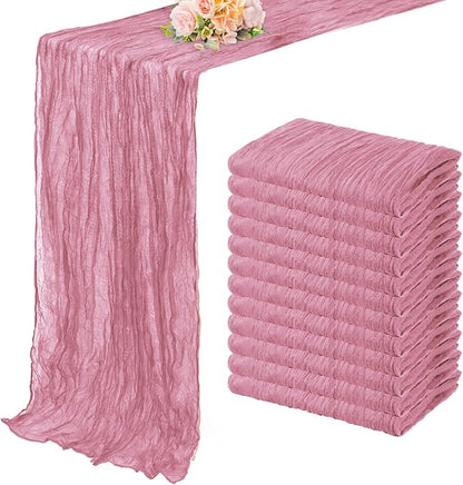 12 Pack Dusty Rose 10FT Cheesecloth Table Runner 20 x 120 Inch Long Rustic Gauze Fabric Cheese Cloth Table Runner for Wedding Bridal Baby Shower Table Decorations Boho Sheer Birthday Party Table Decor
