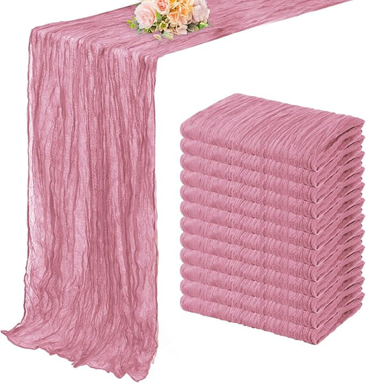 12 Pack Dusty Rose 10FT Cheesecloth Table Runner 20 x 120 Inch Long Rustic Gauze Fabric Cheese Cloth Table Runner for Wedding Bridal Baby Shower Table Decorations Boho Sheer Birthday Party Table Decor