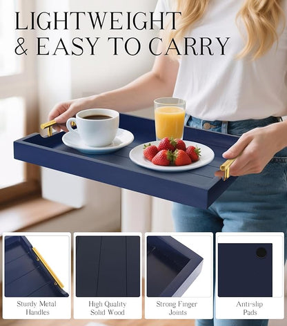 Coffee Table Tray - Large Ottoman Tray for Living Room - Wood Serving Tray with Handles(2 Sets) - Wooden Trays for Coffee Tables, 4 Round Coasters Included, Deep Blue
