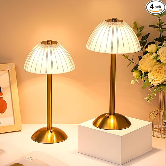 Liliful 4 Pcs LED Portable Cordless Table Lamp Touch Battery Operated Rechargeable Desk Lamp 3 Color Dimmable for Bedroom Living Room Dining (Mushroom Style,Gold)