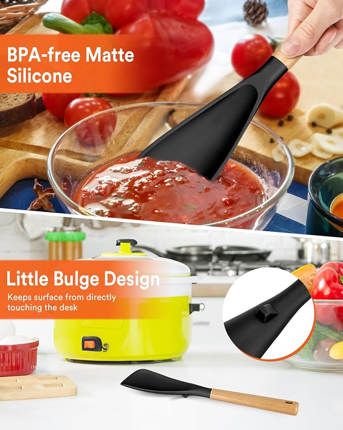 Multifunction Spatula Spoon for Nonstick Cookwares, Great for Cooking and Serving, Sturdy BPA-Free Matte Silicone, Wood Handle Spatula for Mixing, Scoop, and Scrape, Black(2 pack,11.4" & 13.4")