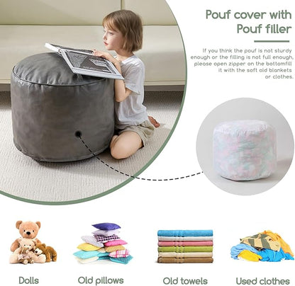 HIGOGOGO Round Stuffed Pouf Ottoman, Pu Leather Poufs with Foam Chunk Filling Foot Stool Storage Ottoman, 26 X 18 Floor Poufs Foot Rest for Living Room, Grey