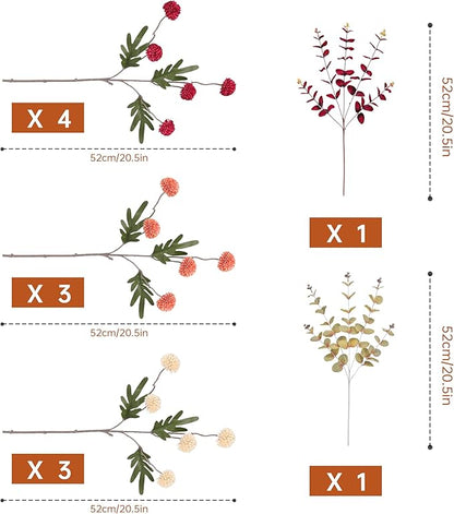 Faux Kiku Flowers Fall 10 Stems & 2 Eucalyptus, Fake Mums Pompon Flower Ball, Autumn Burnt Orange Artificial Chrysanthemums Flowers for Boho Decor, Mini Faux Kiku Flower Wedding Arrangements Decor