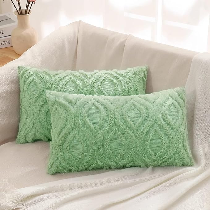 decorUhome Throw Pillow Covers 12x20 Inch Set of 2, Soft Plush Decorative Faux Fur Sage Green Solid Couch Pillow Covers, Accent Farmhouse Neutral Lumbar Euro Pillow Cases for Sofa Bed Living Room