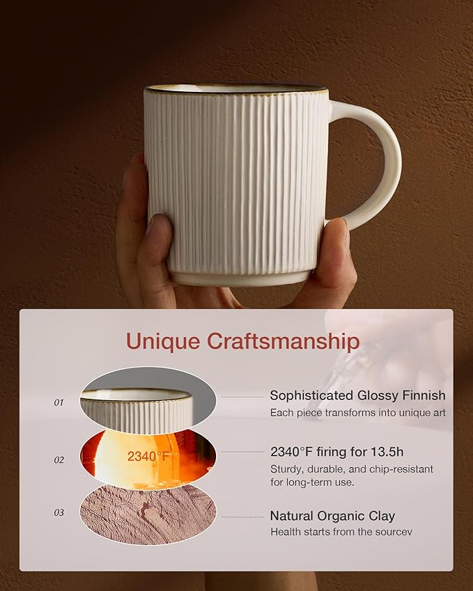 famiware Coffee Mug Set for 4, Star 12 oz Catering Mugs Cup Set with Handle for Coffee, Tea, Cocoa, Milk - Ceramic Stoneware Drinkware Set, White