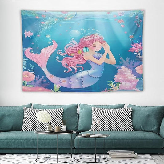HZOHNAGO Mermaid Girls Tapestry Watercolor Flowers Mermaid Princess Blessing Pattern for Kids Room Decoration Printed Wall Tapestry Wall Hanging for Bedroom Living Room Dorm 90" W x 60" H
